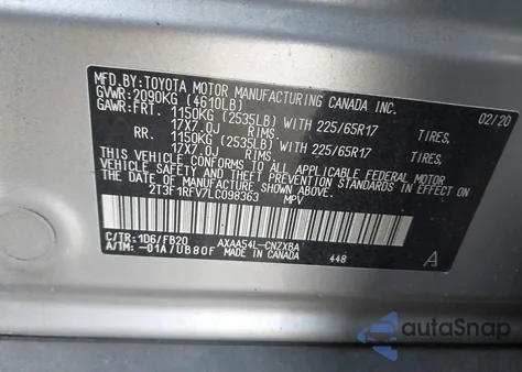 2020 Toyota Rav4 Le z USA, uszkodzony, nr VIN 2T3F1RFV7LC098363